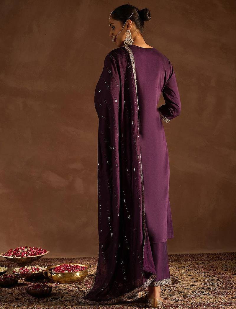 Burgundy Ethnic Motifs Zari Embroidered Kurta with Trousers & Dupatta
