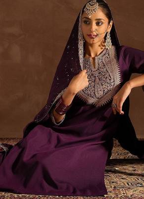 Burgundy Ethnic Motifs Zari Embroidered Kurta with Trousers & Dupatta 6