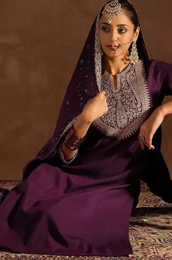 Burgundy Ethnic Motifs Zari Embroidered Kurta with Trousers & Dupatta