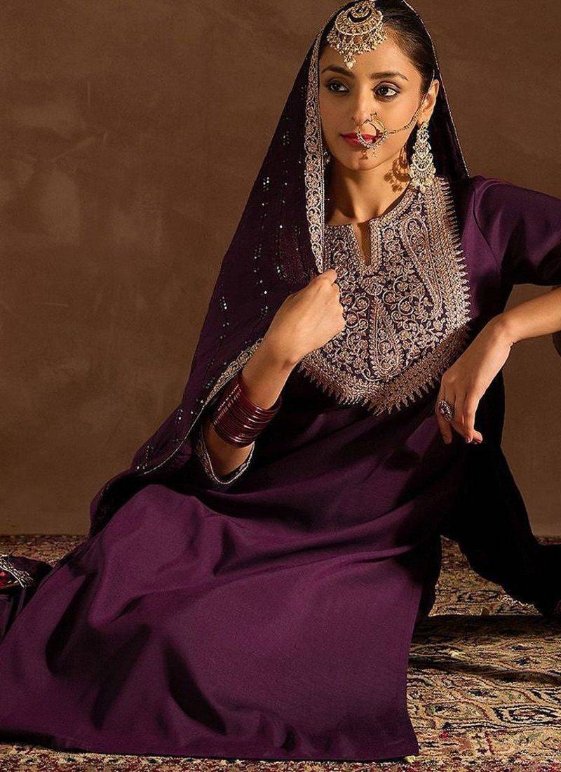 Burgundy Ethnic Motifs Zari Embroidered Kurta with Trousers & Dupatta