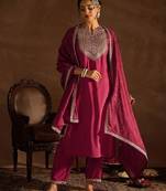 Red Floral Embroidered Regular Kurta with Trousers & Dupatta