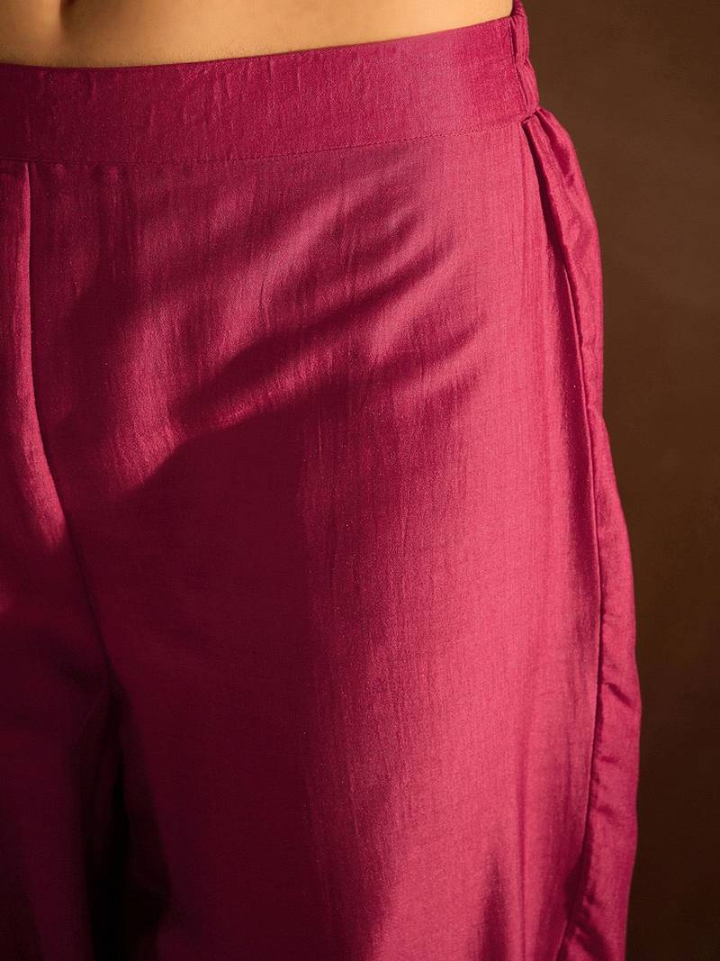 Red Floral Embroidered Regular Kurta with Trousers & Dupatta