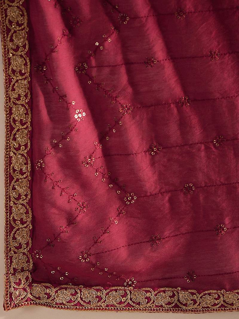 Red Floral Embroidered Regular Kurta with Trousers & Dupatta