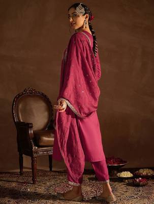 Red Floral Embroidered Regular Kurta with Trousers & Dupatta 5