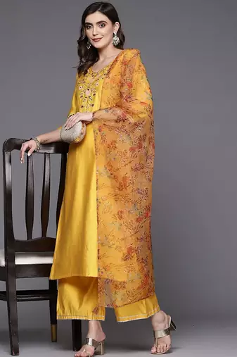 Floral Embroidered Regular Sequinned Liva Kurta with Palazzos & With Dupatta
