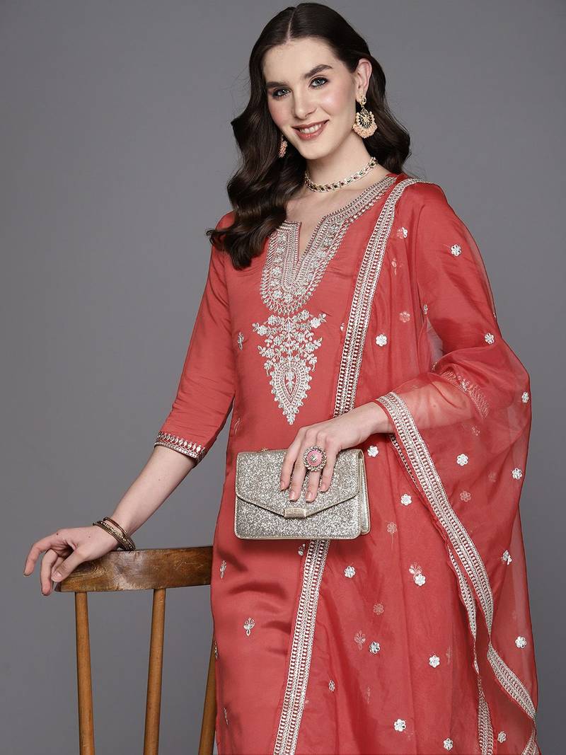 Floral Embroidered Regular Sequinned Kurta With Trousers & Dupatta