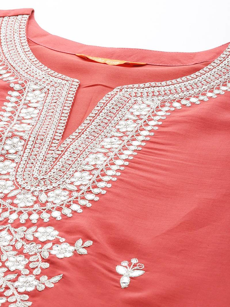 Floral Embroidered Regular Sequinned Kurta With Trousers & Dupatta