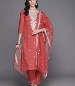 Floral Embroidered Regular Sequinned Kurta With Trousers & Dupatta
