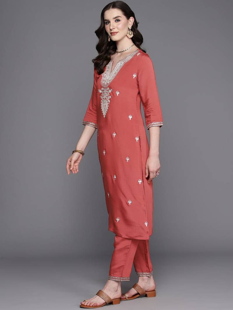 Floral Embroidered Regular Sequinned Kurta With Trousers & Dupatta