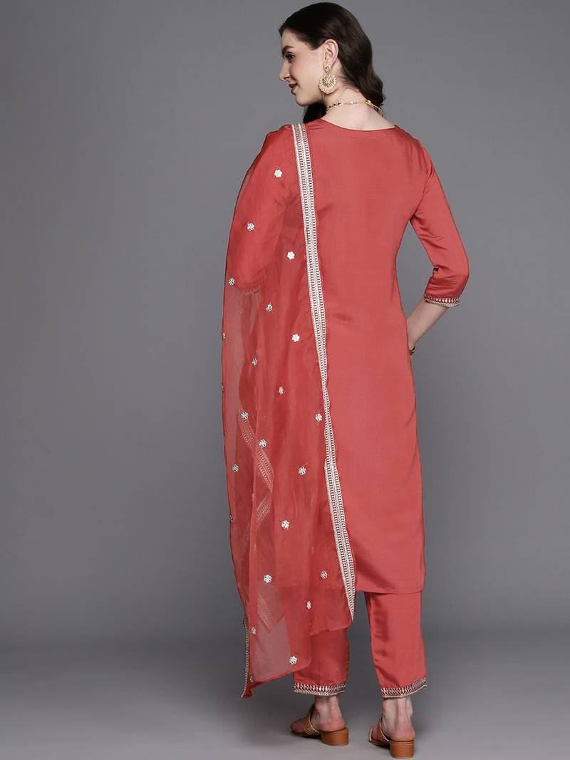 Floral Embroidered Regular Sequinned Kurta With Trousers & Dupatta