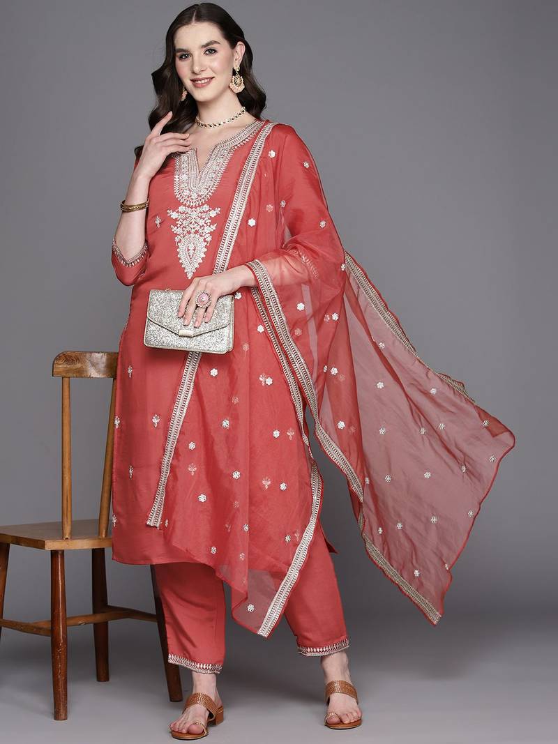 Floral Embroidered Regular Sequinned Kurta With Trousers & Dupatta