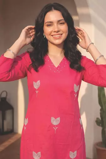 Women Floral Embroidered Regular Pure Cotton Kurta with Trousers