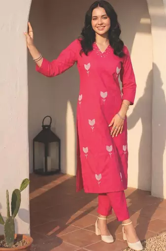 Women Floral Embroidered Regular Pure Cotton Kurta with Trousers