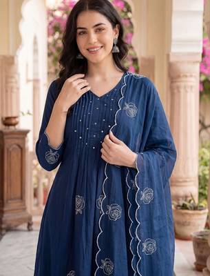 Women Ethnic Motifs Embroidered Pleated Thread Work Kurta with Trousers & With Dupatta 1