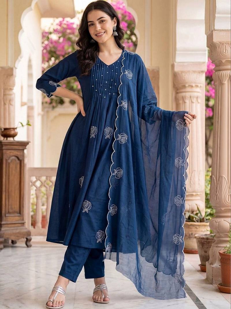 Women Ethnic Motifs Embroidered Pleated Thread Work Kurta with Trousers & With Dupatta