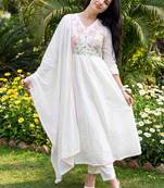 Women Floral Embroidered Empire Thread Work Pure Cotton Kurta with Trousers & With Dupatta