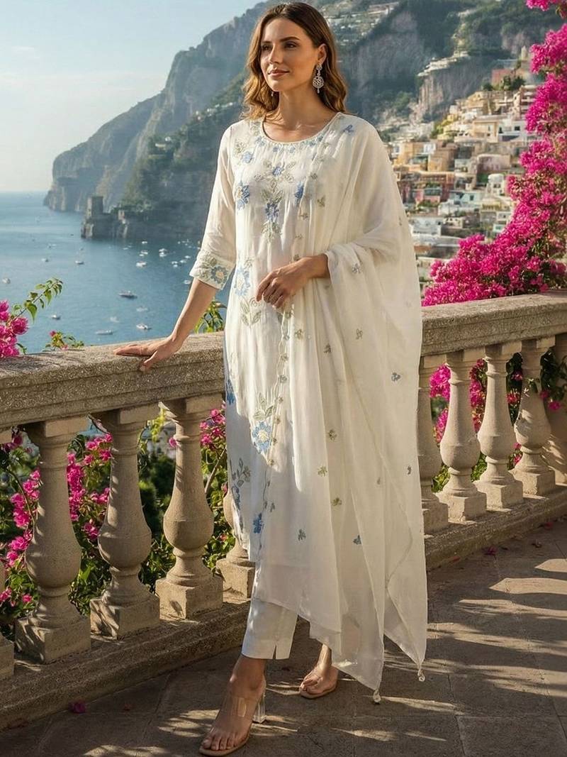 Women Floral Embroidered Regular Thread Work Pure Cotton Kurta with Trousers & With Dupatta