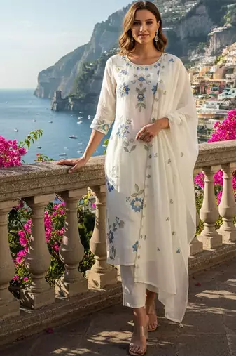 Women Floral Embroidered Regular Thread Work Pure Cotton Kurta with Trousers & With Dupatta