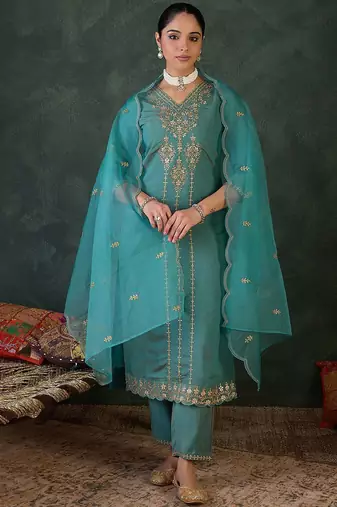 Women Ethnic Motifs Embroidered Regular Zari Kurta with Trousers & Dupatta