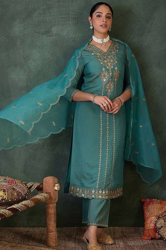 Women Ethnic Motifs Embroidered Regular Zari Kurta with Trousers & Dupatta