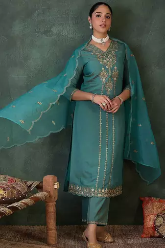 Women Ethnic Motifs Embroidered Regular Zari Kurta with Trousers & Dupatta
