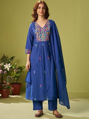 Women Floral Embroidered Cotton Kurta with Trousers & Dupatta 1