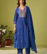 Women Floral Embroidered Cotton Kurta with Trousers & Dupatta