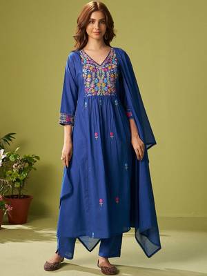 Women Floral Embroidered Cotton Kurta with Trousers & Dupatta 5