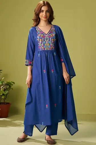 Women Floral Embroidered Cotton Kurta with Trousers & Dupatta