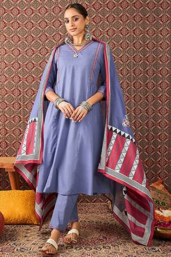 Ethnic Motifs Embroidered Sequinned Pure Cotton Kurta With Trousers & Dupatta