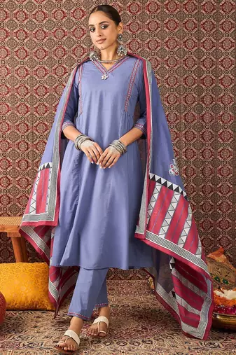Ethnic Motifs Embroidered Sequinned Pure Cotton Kurta With Trousers & Dupatta
