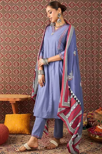 Ethnic Motifs Embroidered Sequinned Pure Cotton Kurta With Trousers & Dupatta