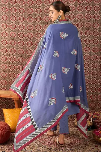 Ethnic Motifs Embroidered Sequinned Pure Cotton Kurta With Trousers & Dupatta