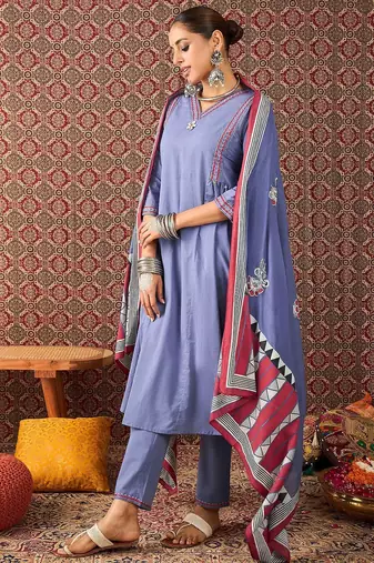 Ethnic Motifs Embroidered Sequinned Pure Cotton Kurta With Trousers & Dupatta