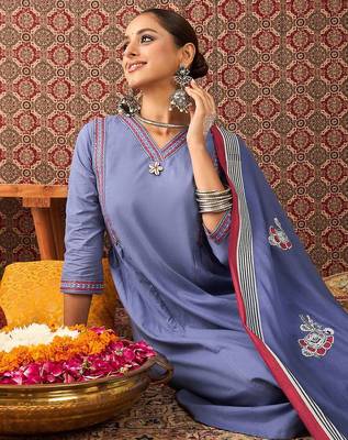 Ethnic Motifs Embroidered Sequinned Pure Cotton Kurta With Trousers & Dupatta 6