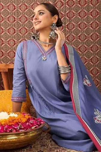 Ethnic Motifs Embroidered Sequinned Pure Cotton Kurta With Trousers & Dupatta