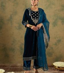 Floral Zari Embroidered Velvet Straight Kurta with Trouser & Dupatta