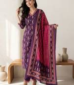 women printed regular  cotton kurta with trousers & with dupatta