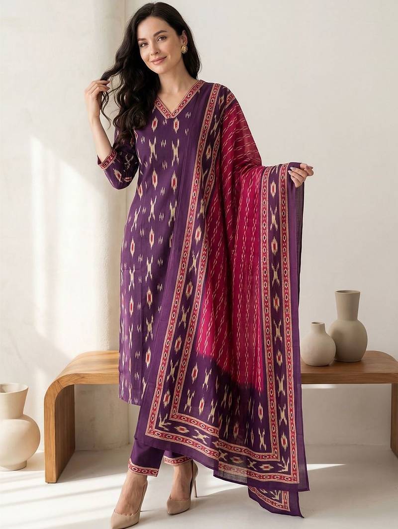 Women Printed Regular Pure Cotton Kurta with Trousers & With Dupatta