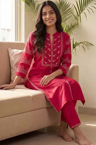 Women Ethnic Motifs Embroidered Regular Thread Work Pure Cotton Kurta with Trousers