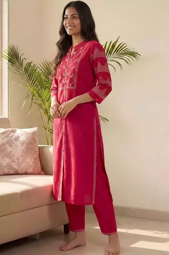 Women Ethnic Motifs Embroidered Regular Thread Work Pure Cotton Kurta with Trousers