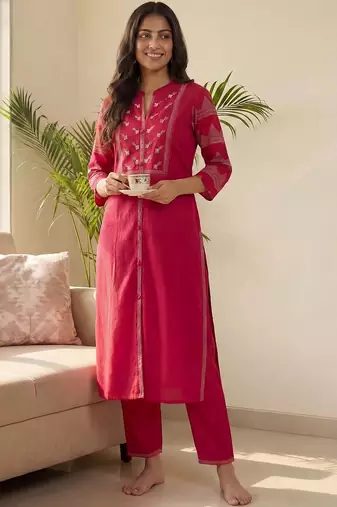 Women Ethnic Motifs Embroidered Regular Thread Work Pure Cotton Kurta with Trousers