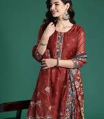 Ethnic Motifs Embroidered Thread Work Chanderi Silk Kurta With Trousers & Dupatta