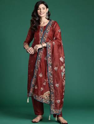 Ethnic Motifs Embroidered Thread Work Chanderi Silk Kurta With Trousers & Dupatta 5