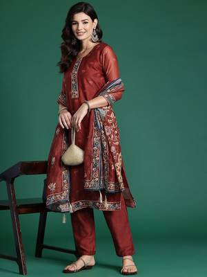 Ethnic Motifs Embroidered Thread Work Chanderi Silk Kurta With Trousers & Dupatta 8