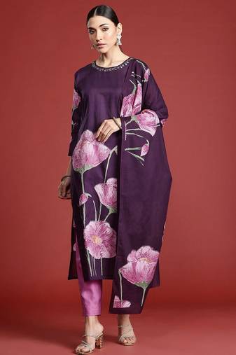 women floral printed  cotton kurta with trousers & with dupatta