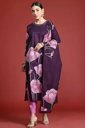 Women Floral Printed Pure Cotton Kurta with Trousers & With Dupatta