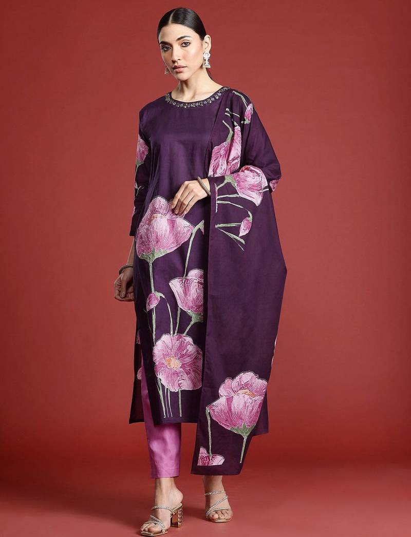 Women Floral Printed Pure Cotton Kurta with Trousers & With Dupatta
