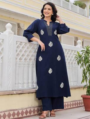 women ethnic motifs embroidered thread work  cotton kurta with palazzos 2