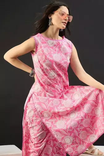 Women Floral Printed Regular Pure Cotton Kurta with Trousers